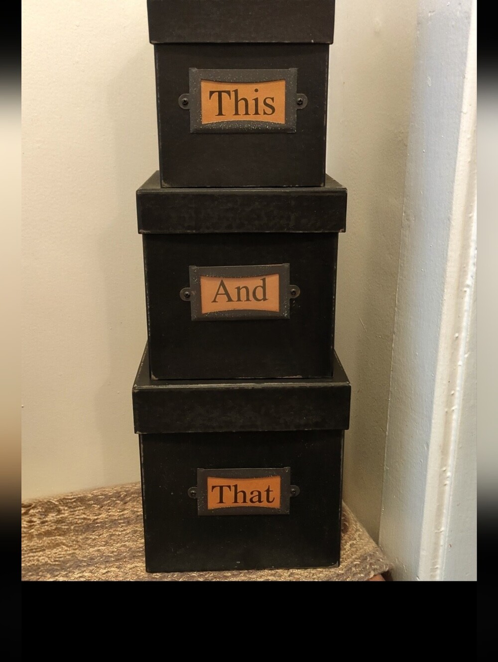 Primitive Stacked Black and Tan Decorative Storage Boxes - Brand